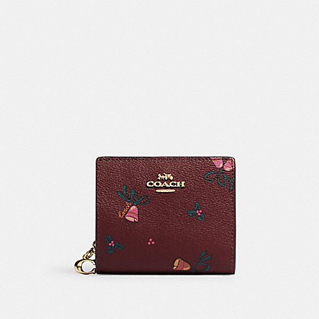 COACH CF351 Snap Wallet With Holiday Bells Print Gold/Black-Cherry-Multi