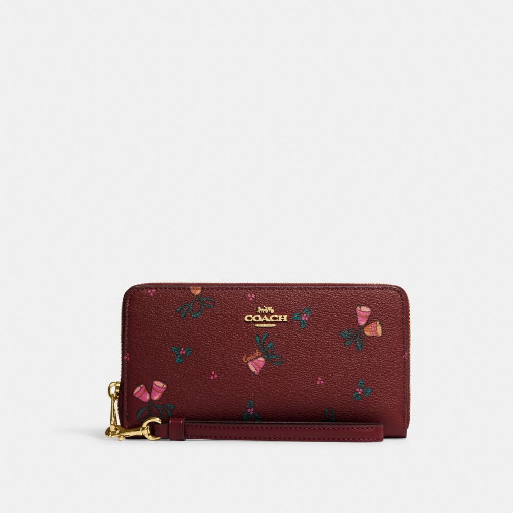 COACH CF355 Long Zip Around Wallet With Holiday Bells Print Gold/Black-Cherry-Multi