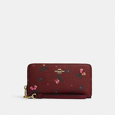 COACH CF355 Long Zip Around Wallet With Holiday Bells Print Gold/Black Cherry Multi