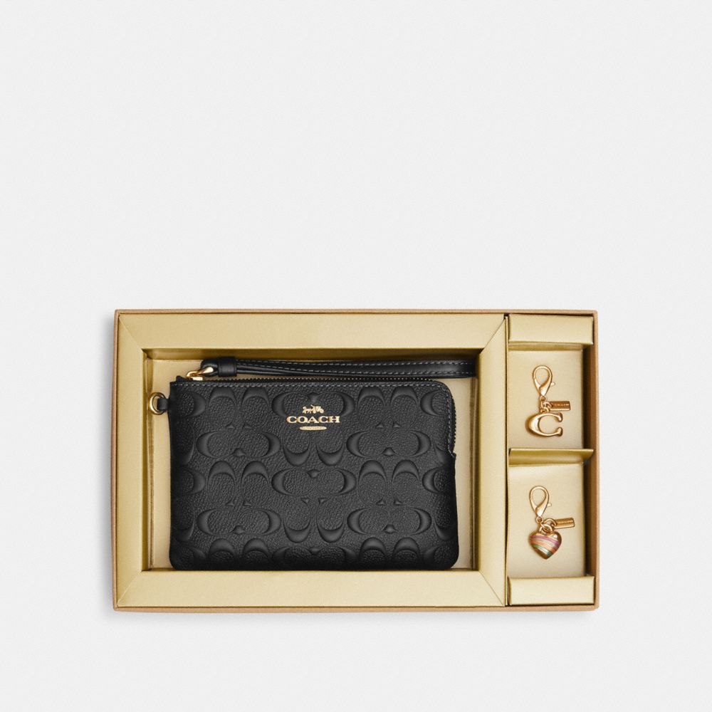 Boxed Corner Zip Wristlet In Signature Leather - CF358 - Gold/Black