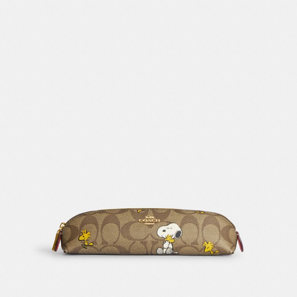 Coach X Peanuts Pencil Case In Signature Canvas With Snoopy Woodstock Print - CF360 - Gold/Khaki/Redwood Multi