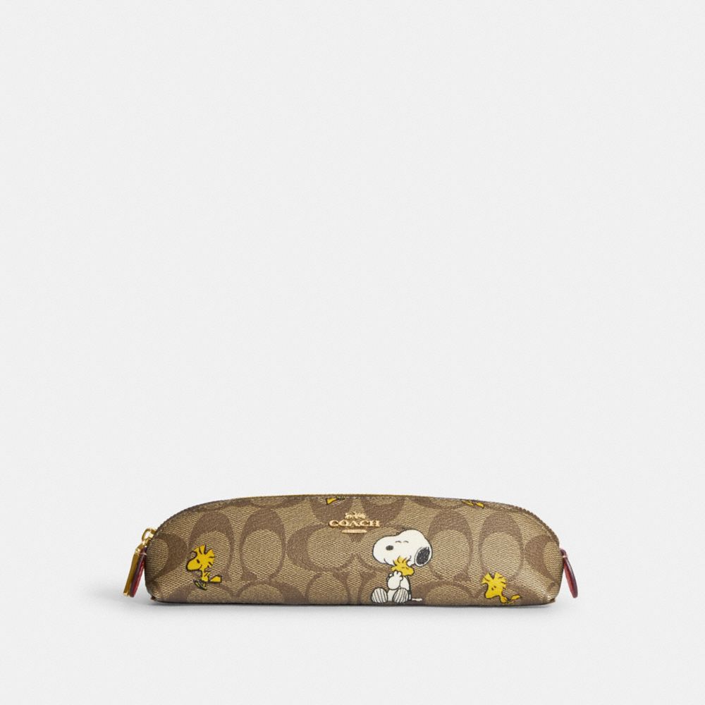 COACH CF360 Coach X Peanuts Pencil Case In Signature Canvas With Snoopy Woodstock Print Gold/Khaki/Redwood Multi