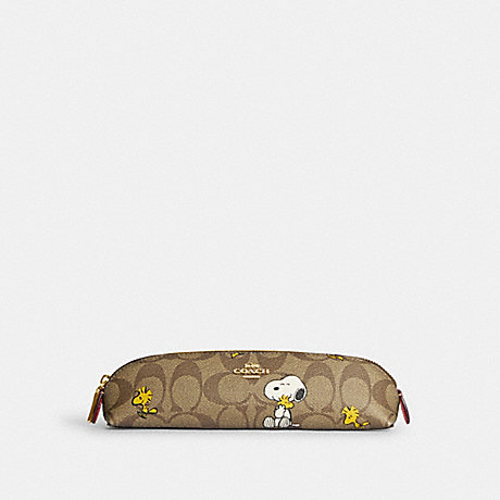 COACH CF360 Coach X Peanuts Pencil Case In Signature Canvas With Snoopy Woodstock Print Gold/Khaki/Redwood-Multi