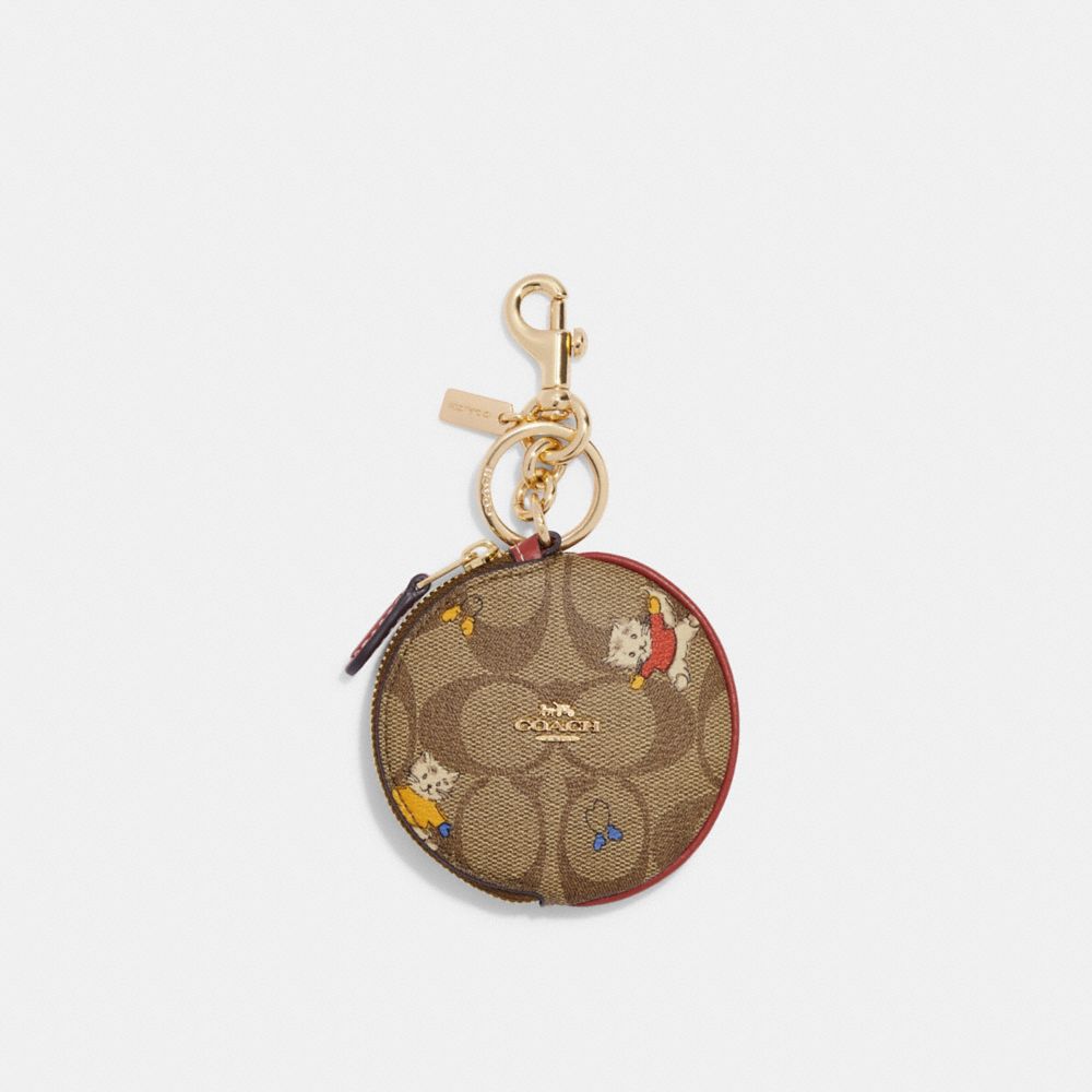 COACH CF362 Circular Coin Pouch In Signature Canvas With Cat Mittens Print GOLD/KHAKI MULTI