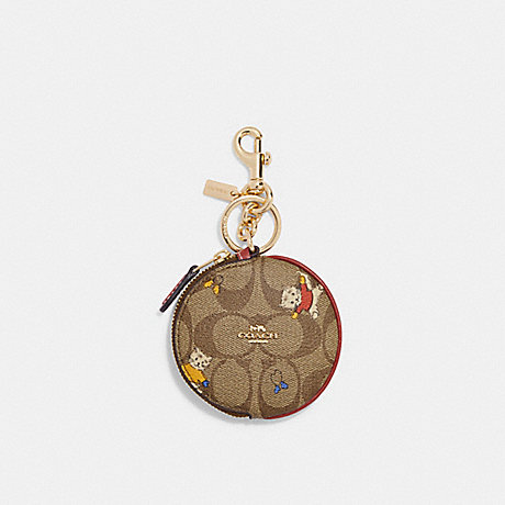 COACH CF362 Circular Coin Pouch In Signature Canvas With Cat Mittens Print Gold/Khaki Multi