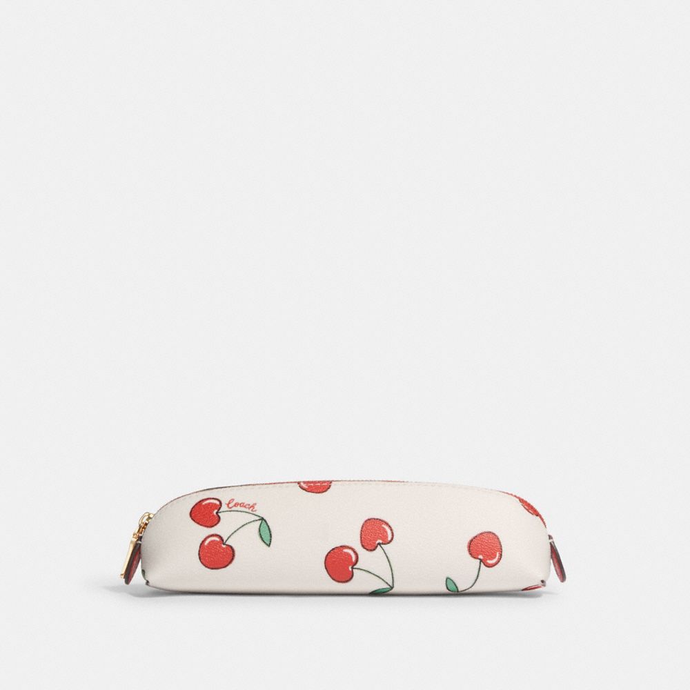 COACH CF365 Pencil Case With Heart Cherry Print Gold/Chalk Multi