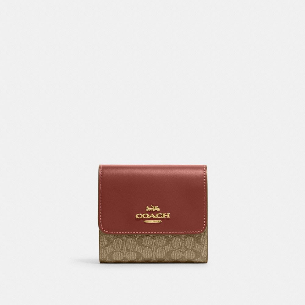 COACH CF369 Small Trifold Wallet In Colorblock Signature Canvas GOLD/KHAKI/TERRACOTTA