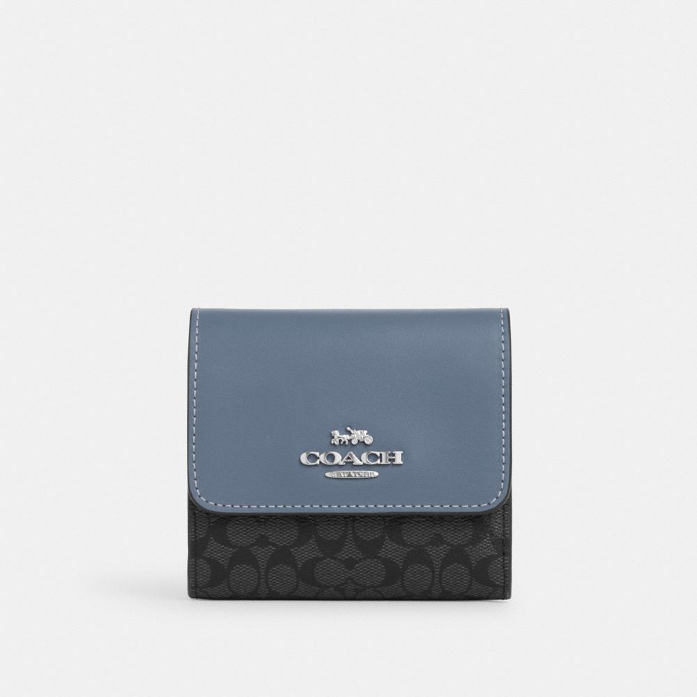 COACH CF369 Small Trifold Wallet In Colorblock Micro Signature Canvas Silver/Graphite/Light Mist