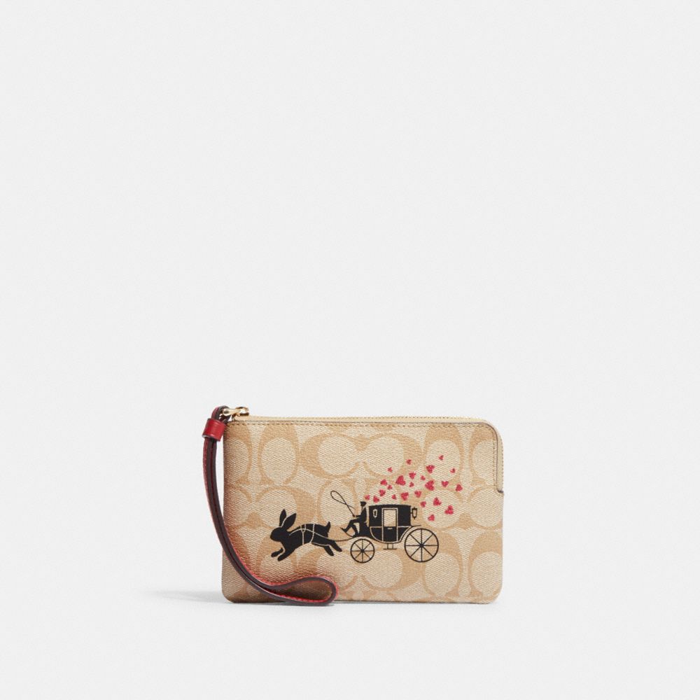 COACH CF372 Lunar New Year Corner Zip Wristlet In Signature Canvas With Rabbit And Carriage GOLD/LIGHT KHAKI MULTI