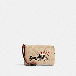 COACH CF372 Lunar New Year Corner Zip Wristlet In Signature Canvas With Rabbit And Carriage GOLD/LIGHT KHAKI MULTI