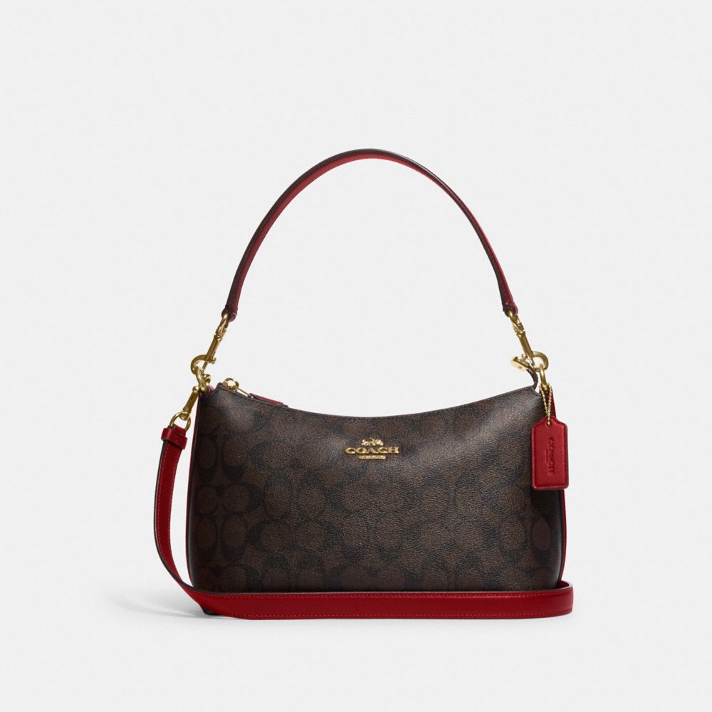 Clara Shoulder Bag In Signature Canvas - CF377 - Gold/Brown 1941 Red