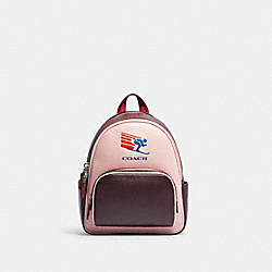 COACH CF380 Mini Court Backpack In Colorblock With Ski Speed Graphic SILVER/POWDER PINK MULTI