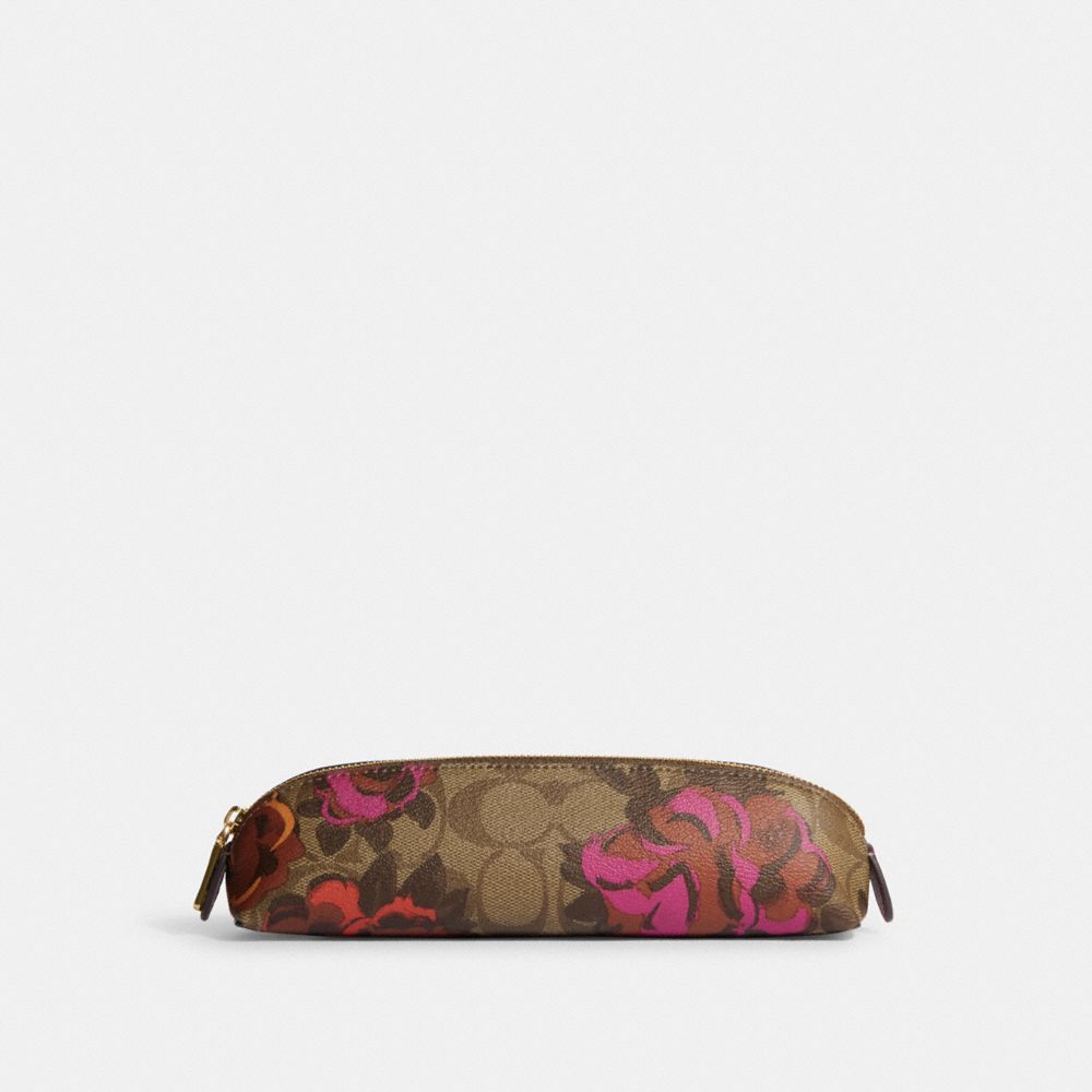 Pencil Case In Signature Canvas With Jumbo Floral Print - CF385 - Gold/Khaki Multi