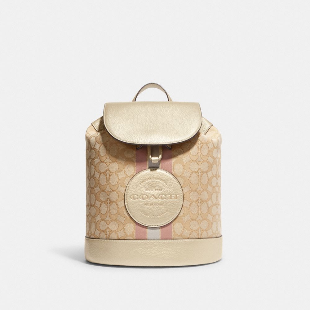 COACH CF386 Dempsey Drawstring Backpack In Signature Jacquard With Coach Patch And Stripe Im/Lt Khaki/Metallic Soft Gold