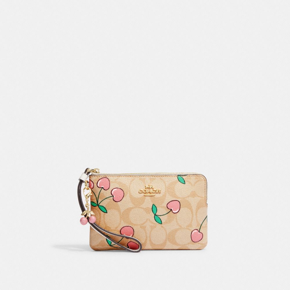 Corner Zip Wristlet In Signature Canvas With Heart Cherry Print - CF398 - Gold/Light Khaki Multi