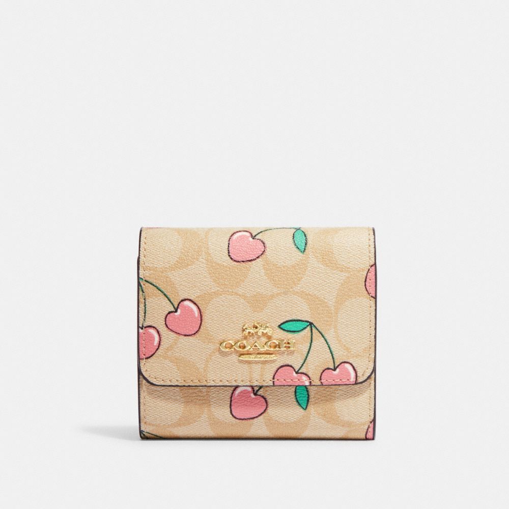 COACH CF399 Small Trifold Wallet In Signature Canvas With Heart Cherry Print GOLD/LIGHT KHAKI MULTI