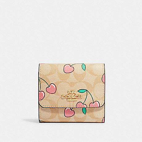 COACH CF399 Small Trifold Wallet In Signature Canvas With Heart Cherry Print Gold/Light Khaki Multi