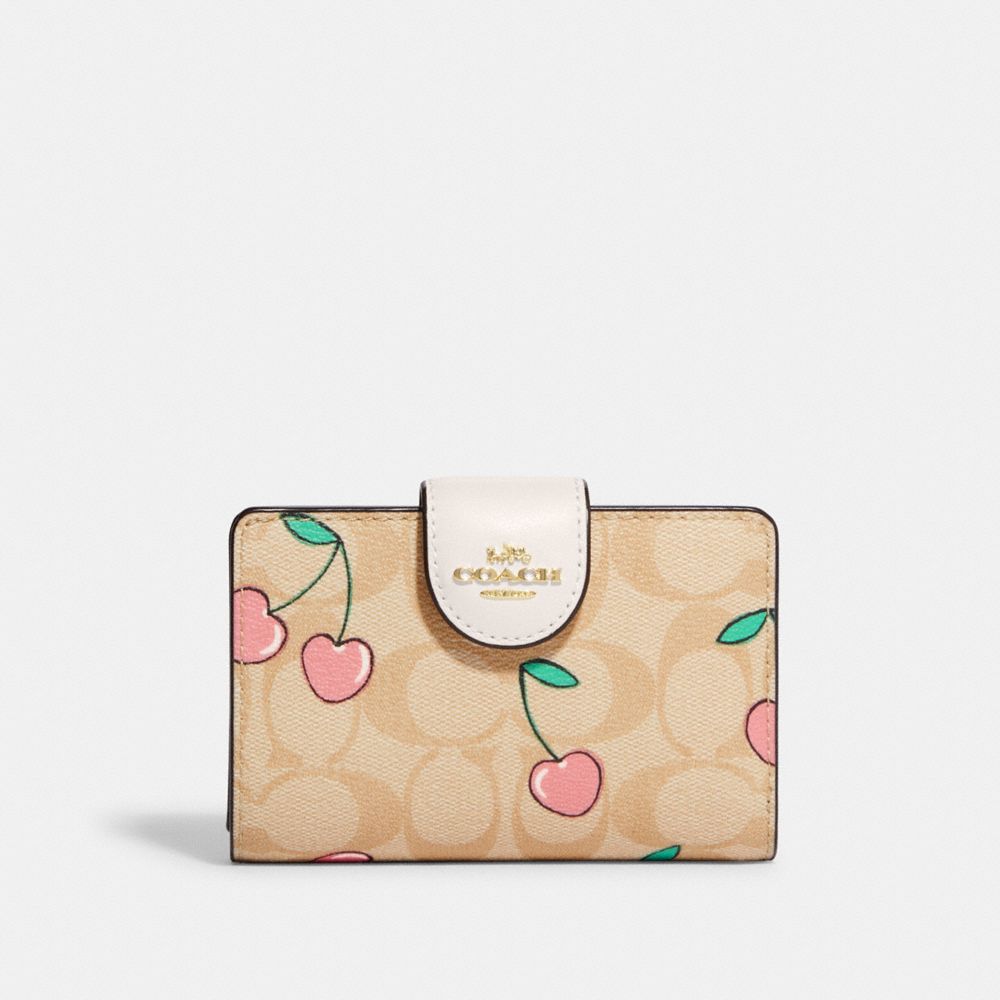 COACH CF401 Medium Corner Zip Wallet In Signature Canvas With Heart Cherry Print Gold/Light Khaki Multi