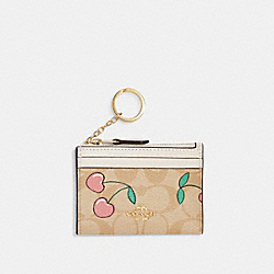 Mini Skinny Id Case In Signature Canvas With Heart Cherry Print - CF402 - Gold/Light Khaki Multi