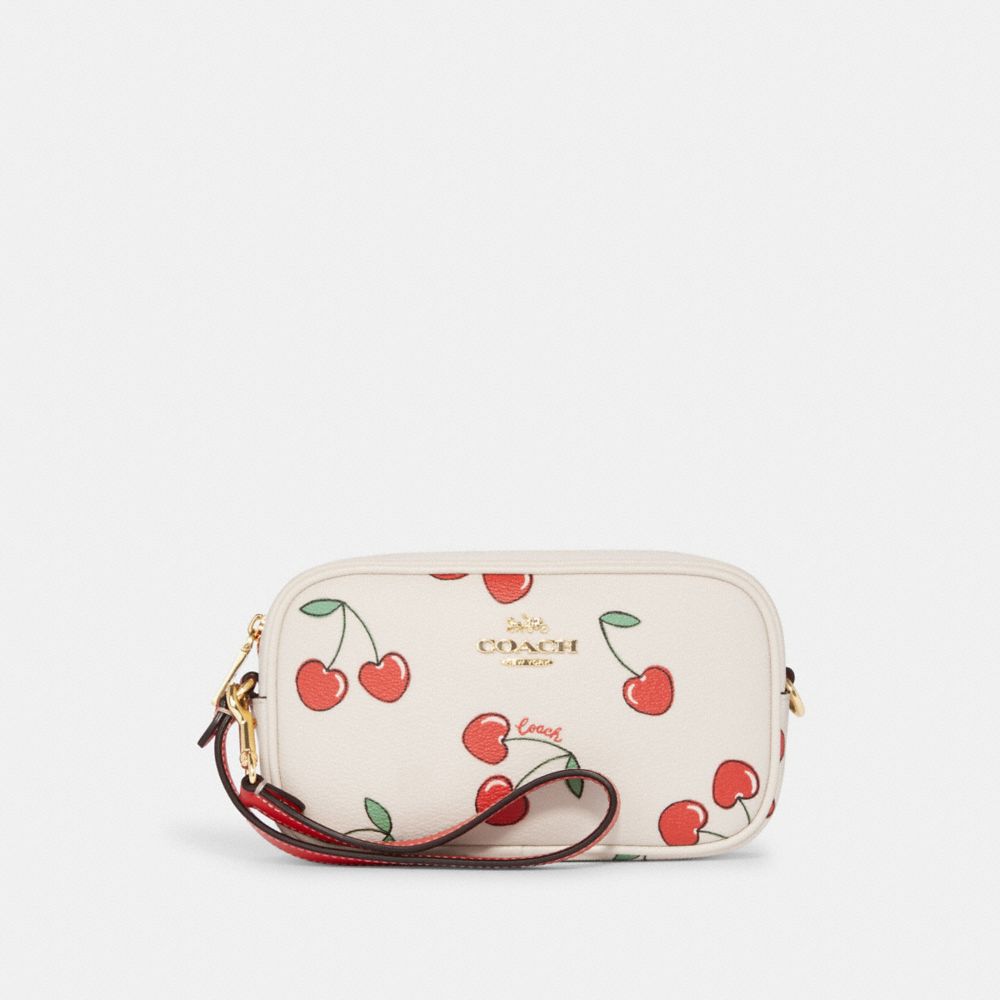 COACH CF405 Jamie Wristlet With Heart Cherry Print GOLD/CHALK MULTI