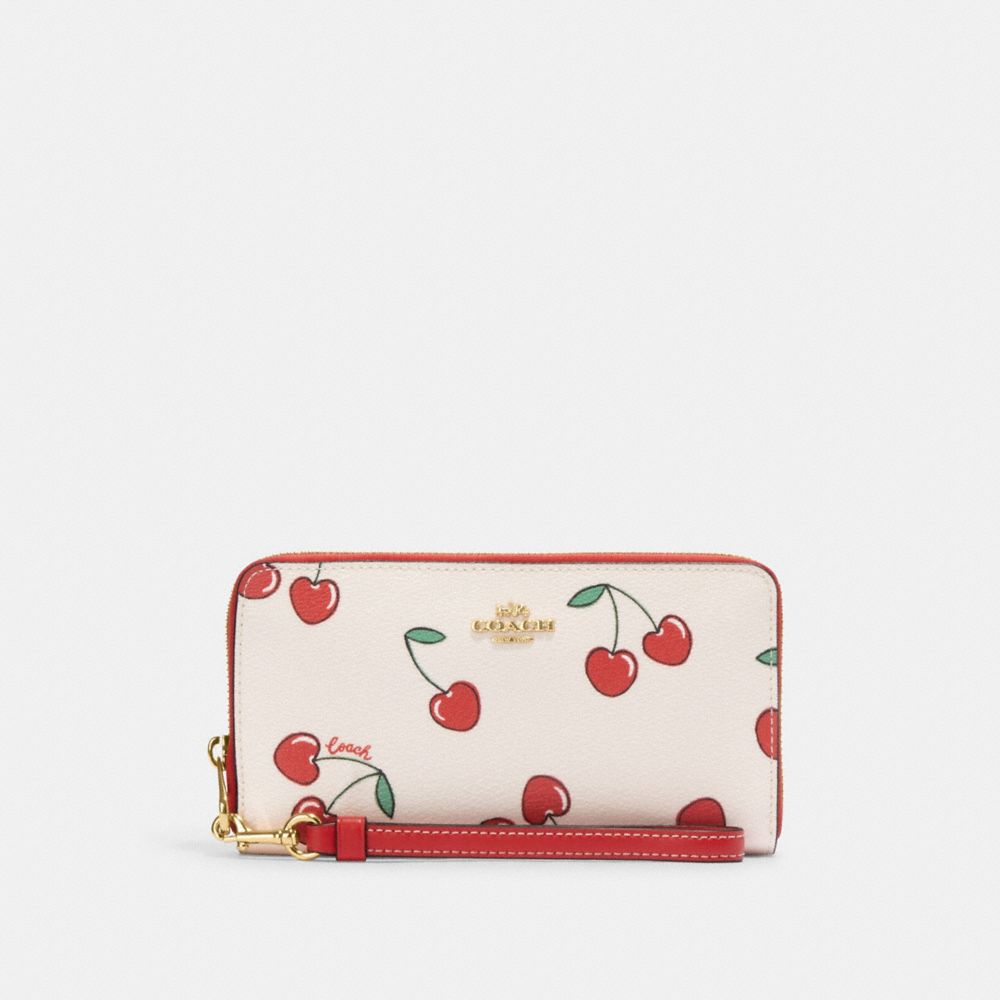 Long Zip Around Wallet With Heart Cherry Print - CF406 - Gold/Chalk Multi