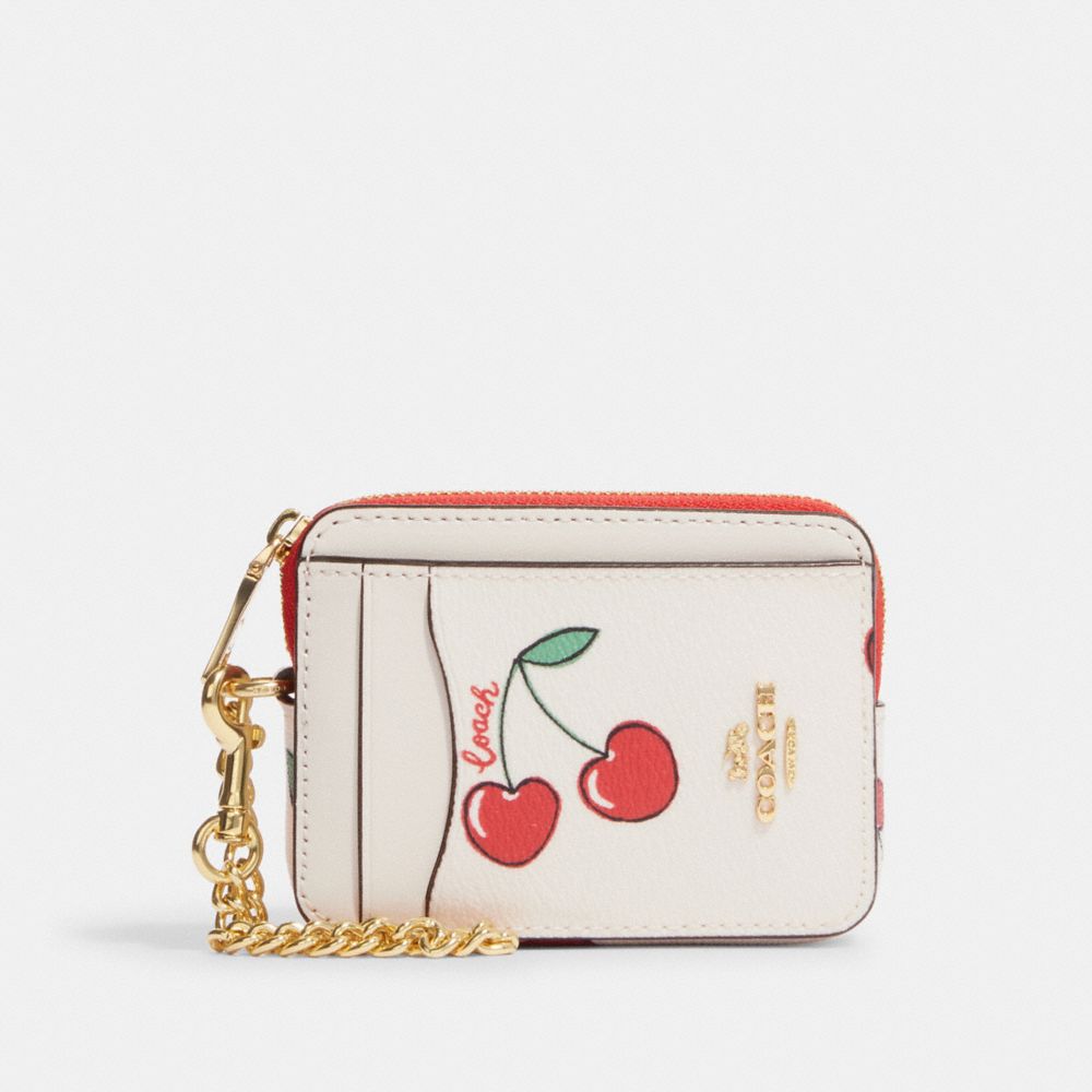 COACH CF409 Zip Card Case With Heart Cherry Print Gold/Chalk Multi