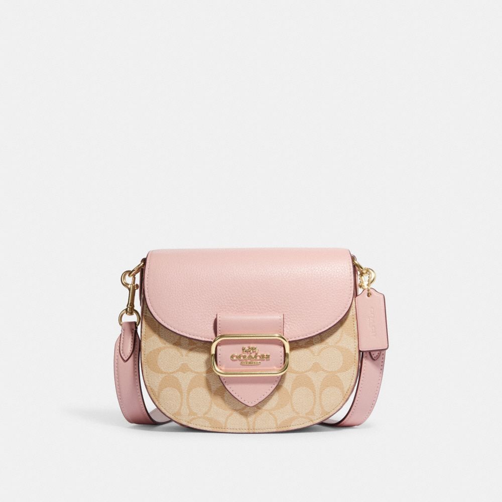 COACH CF410 Morgan Saddle Bag In Signature Canvas Gold/Lt Khaki/Powder Pink Multi