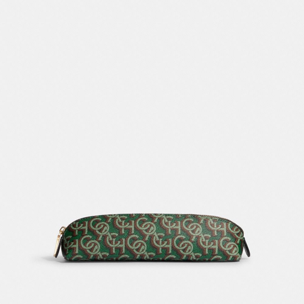 COACH CF417 Pencil Case With Coach Monogram Print Gold/Green