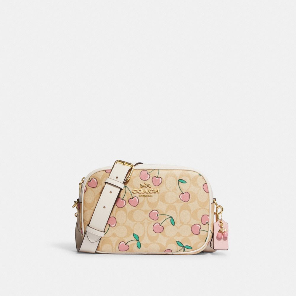 Jamie Camera Bag In Signature Canvas With Heart Cherry Print - CF423 - Gold/Light Khaki Multi