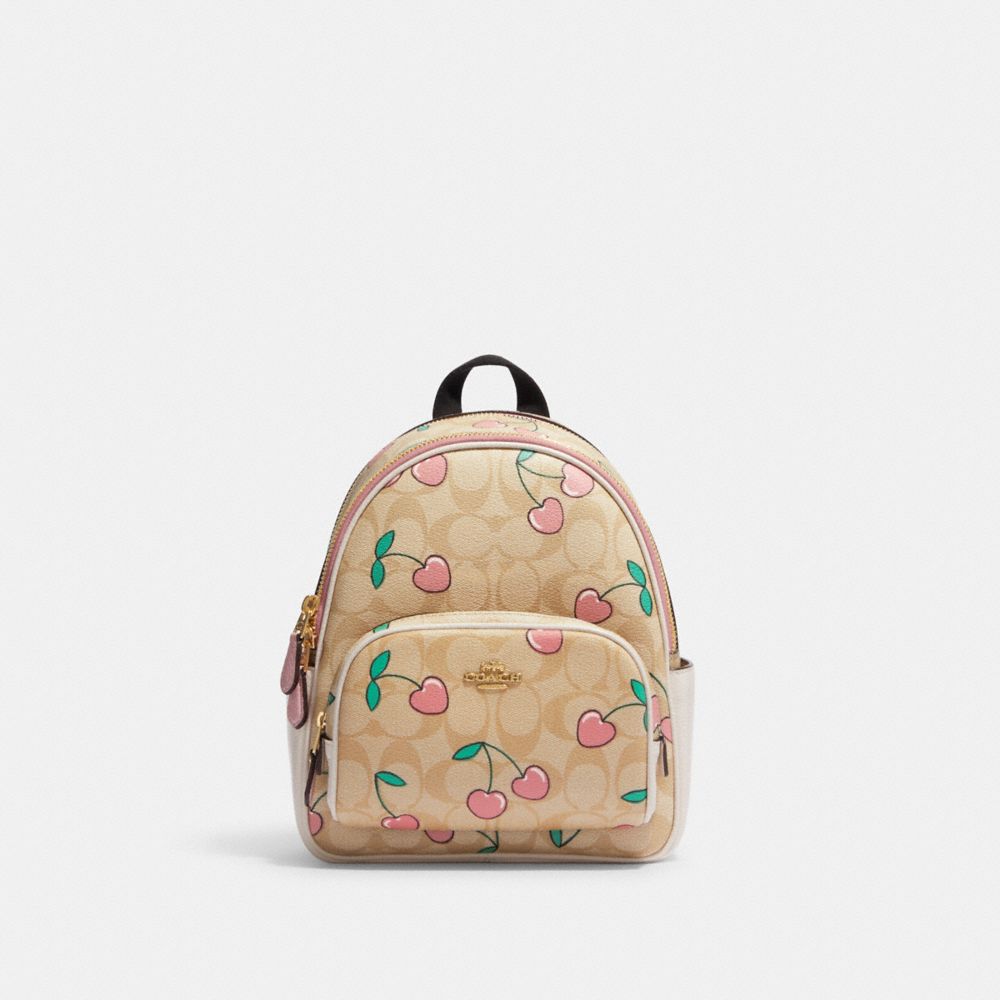 COACH CF424 Mini Court Backpack In Signature Canvas With Heart Cherry Print GOLD/LIGHT KHAKI MULTI