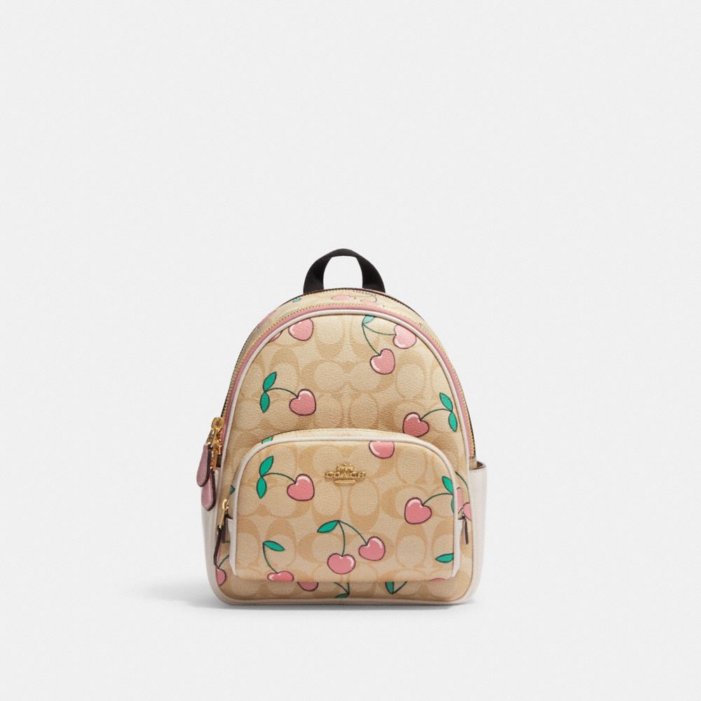 COACH CF424 Mini Court Backpack In Signature Canvas With Heart Cherry Print Gold/Light Khaki Multi