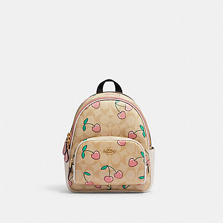 COACH CF424 Mini Court Backpack In Signature Canvas With Heart Cherry Print Gold/Light Khaki Multi