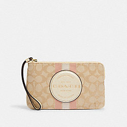 COACH CF439 Dempsey Large Corner Zip Wristlet In Signature Jacquard With Stripe And Coach Patch IM/LT KHAKI/METALLIC SOFT GOLD