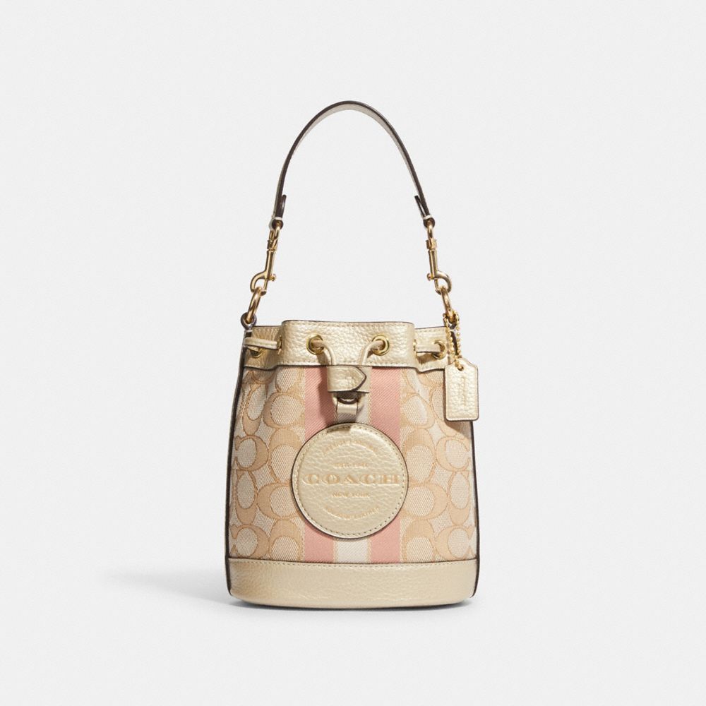 Mini Dempsey Bucket Bag In Signature Jacquard With Stripe And Coach Patch - CF440 - Im/Lt Khaki/Metallic Soft Gold