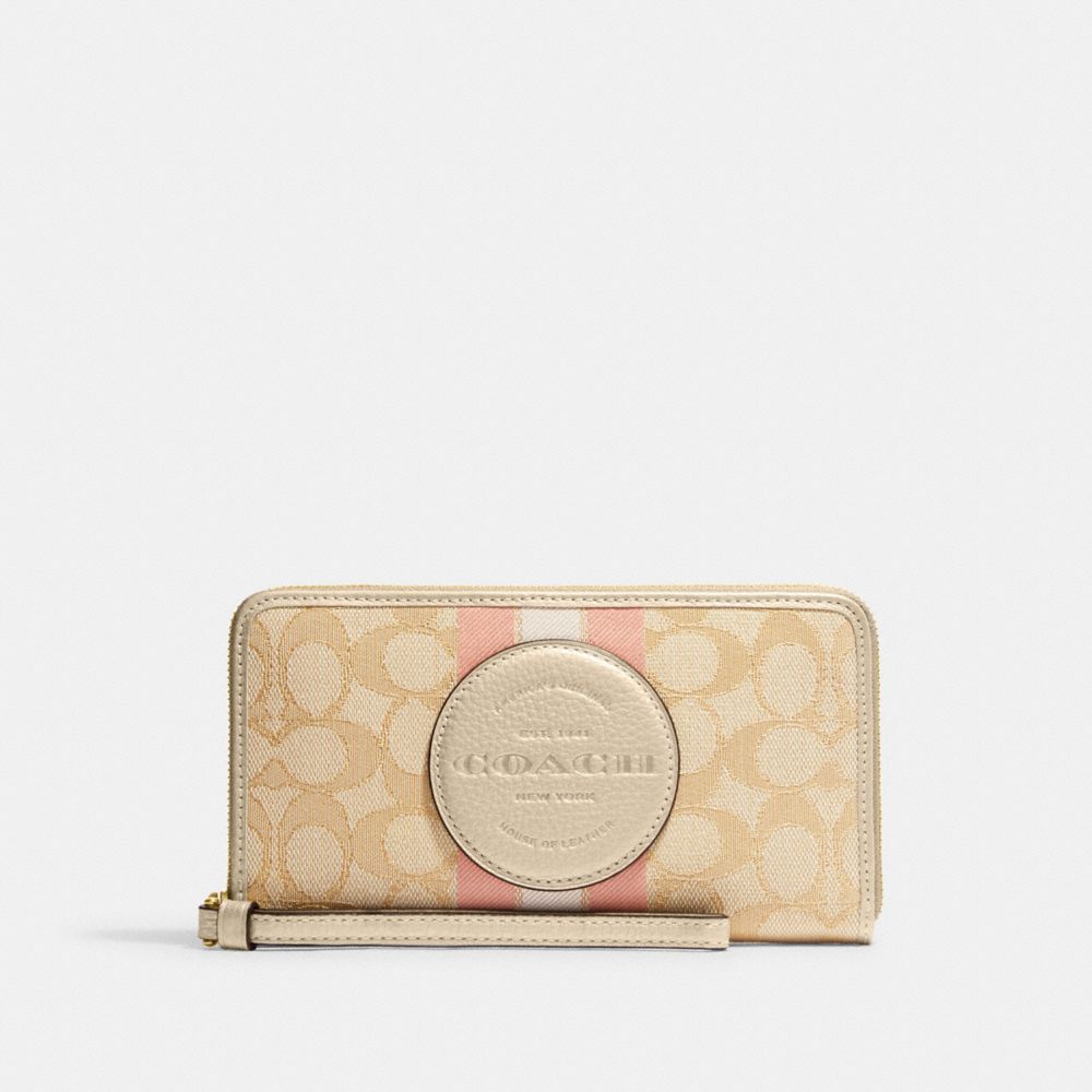 COACH CF441 Dempsey Large Phone Wallet In Signature Jacquard With Stripe And Coach Patch Im/Lt Khaki/Metallic Soft Gold