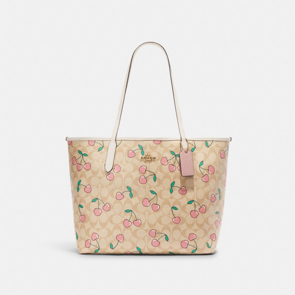 City Tote In Signature Canvas With Heart Cherry Print - CF444 - Gold/Light Khaki Multi