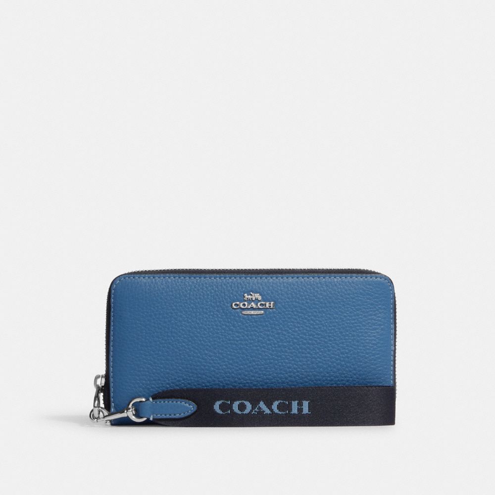 COACH CF456 Long Zip Around Wallet Silver/Sky Blue Multi