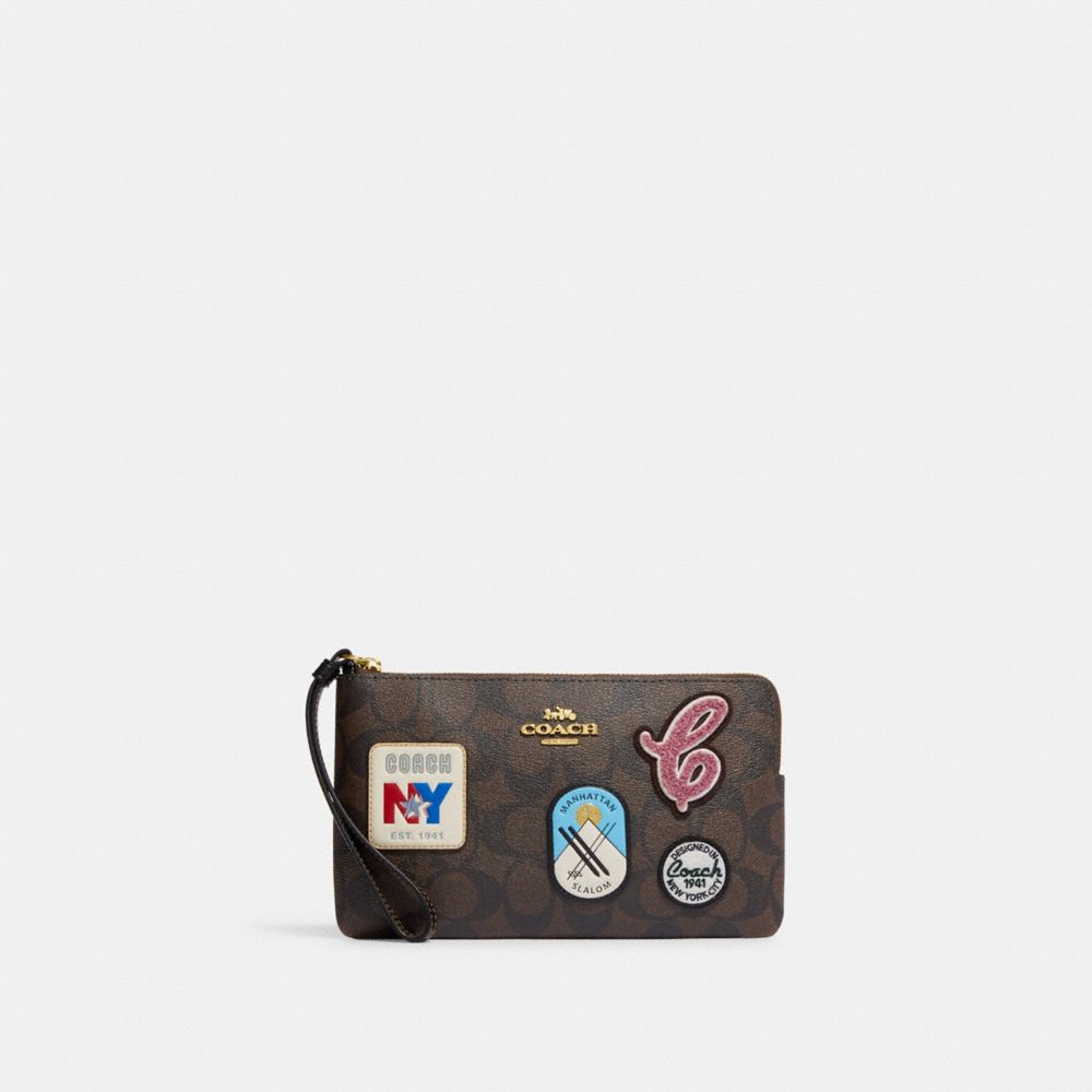 Large Corner Zip Wristlet In Signature Canvas With Ski Patches - CF457 - Gold/Brown Black Multi