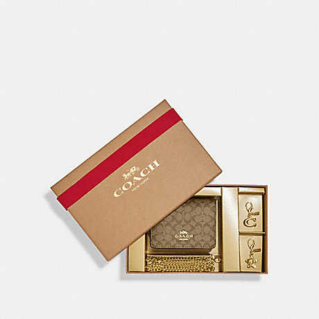 COACH CF468 Boxed Mini Wallet On A Chain In Signature Canvas Gold/Khaki Saddle
