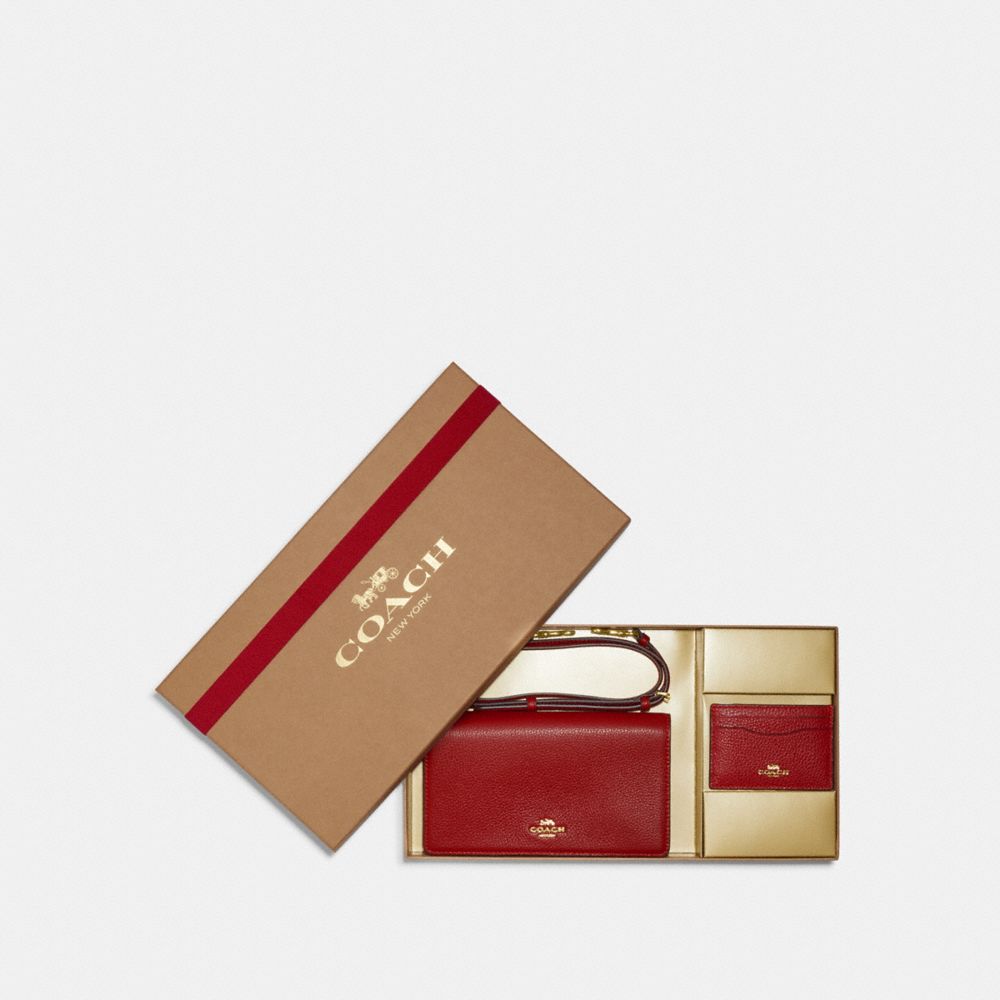 COACH CF470 Boxed Anna Foldover Clutch Crossbody And Card Case Set Gold/1941 Red Multi