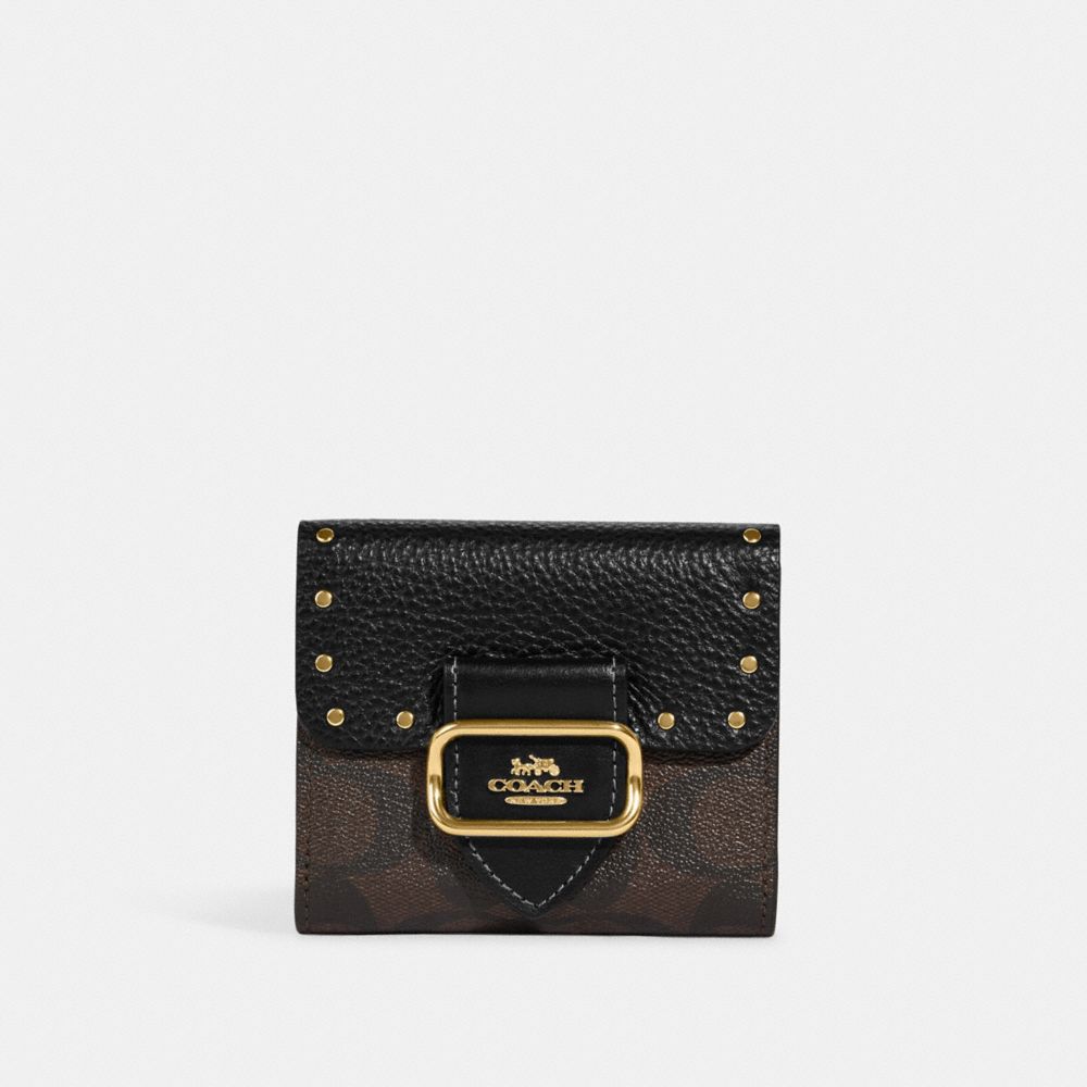 COACH CF471 Small Morgan Wallet In Colorblock Signature Canvas With Rivets Gold/Brown Black Multi