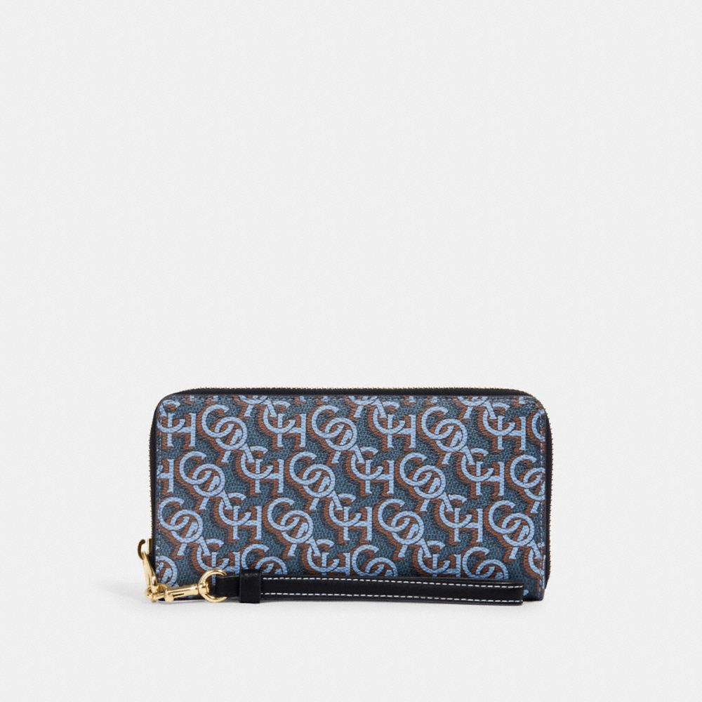 COACH CF521 Long Zip Around Wallet With Signature Monogram Print GOLD/NAVY