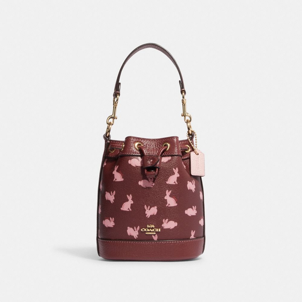 COACH CF524 Lunar New Year Mini Dempsey Bucket Bag With Rabbit Print GOLD/WINE MULTI