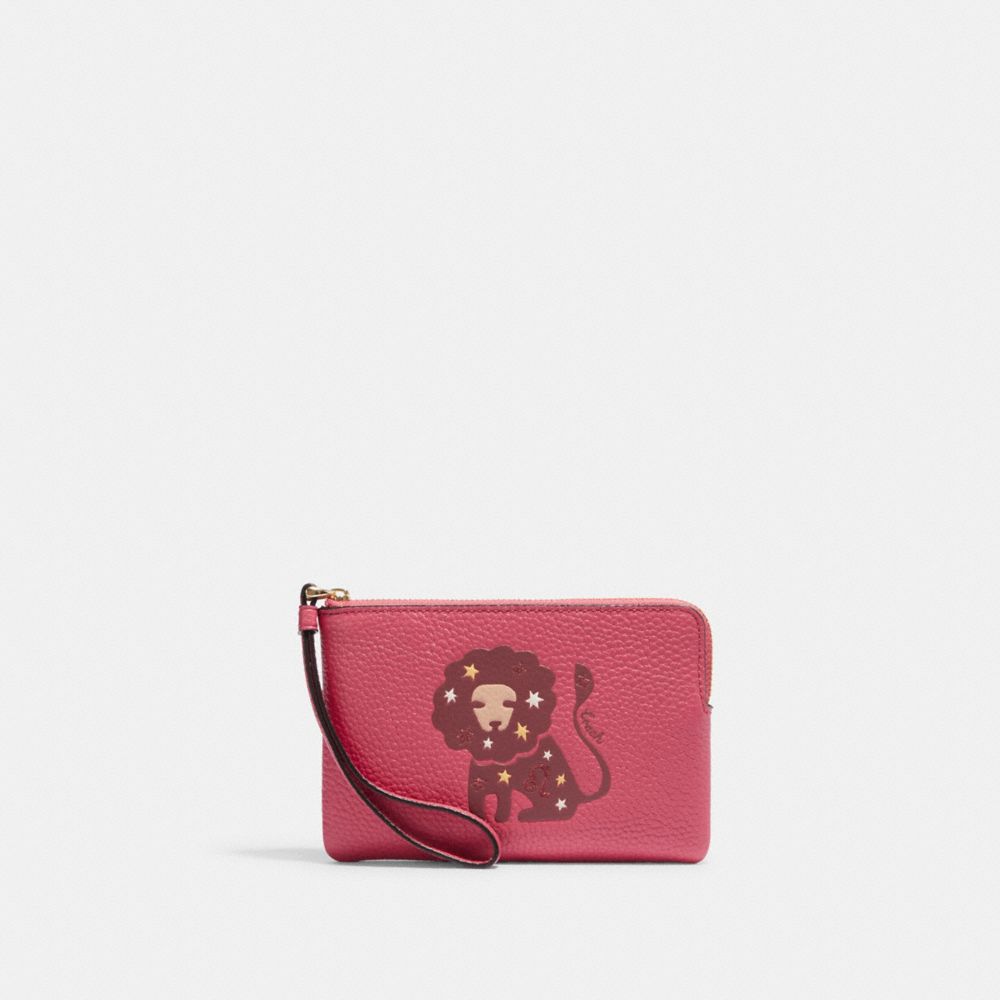 COACH CF528 Corner Zip Wristlet With Leo IM/Strawberry Haze Multi