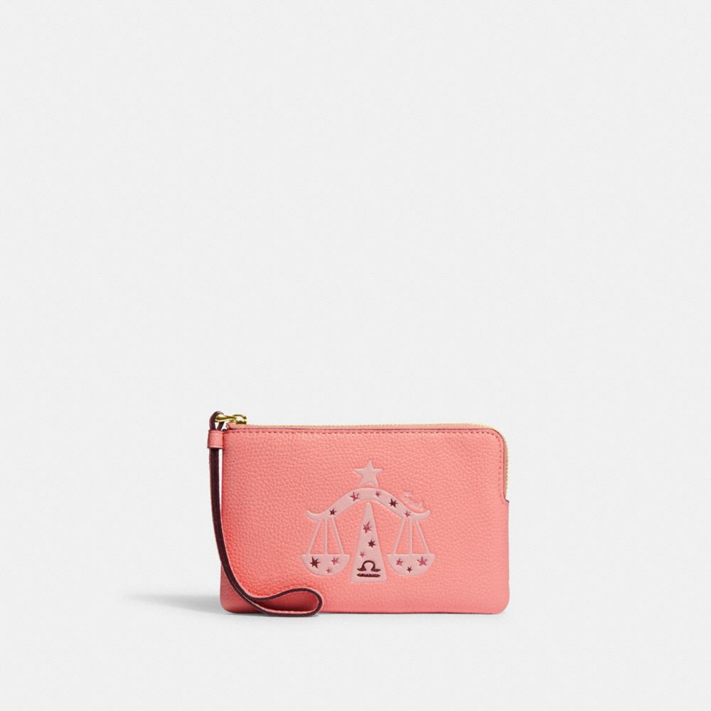 COACH CF533 Corner Zip Wristlet With Libra Gold/Candy Pink Multi