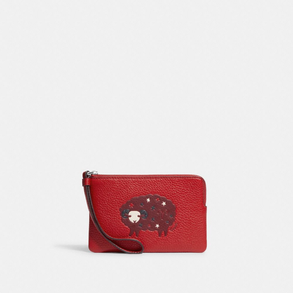 COACH CF538 Corner Zip Wristlet With Aries SV/BRIGHT CARDINAL MULTI