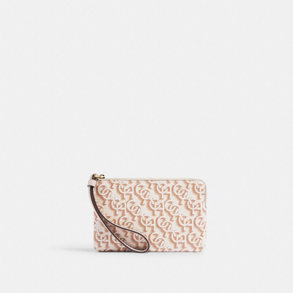 Corner Zip Wristlet With Signature Monogram Print - CF548 - Gold/Chalk