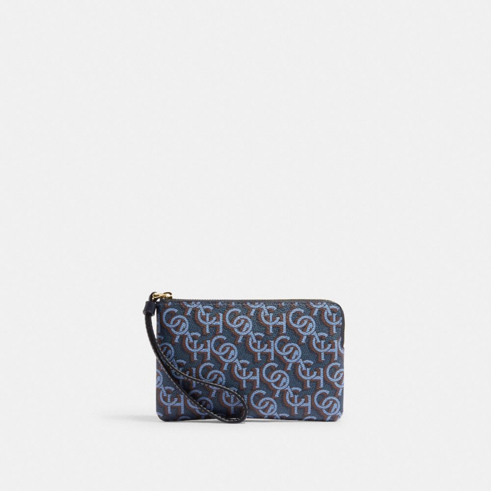 Corner Zip Wristlet With Signature Monogram Print - CF548 - Gold/Navy