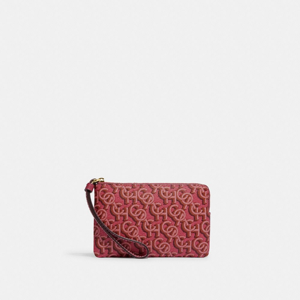 COACH CF548 Corner Zip Wristlet With Signature Monogram Print GOLD/ROUGE