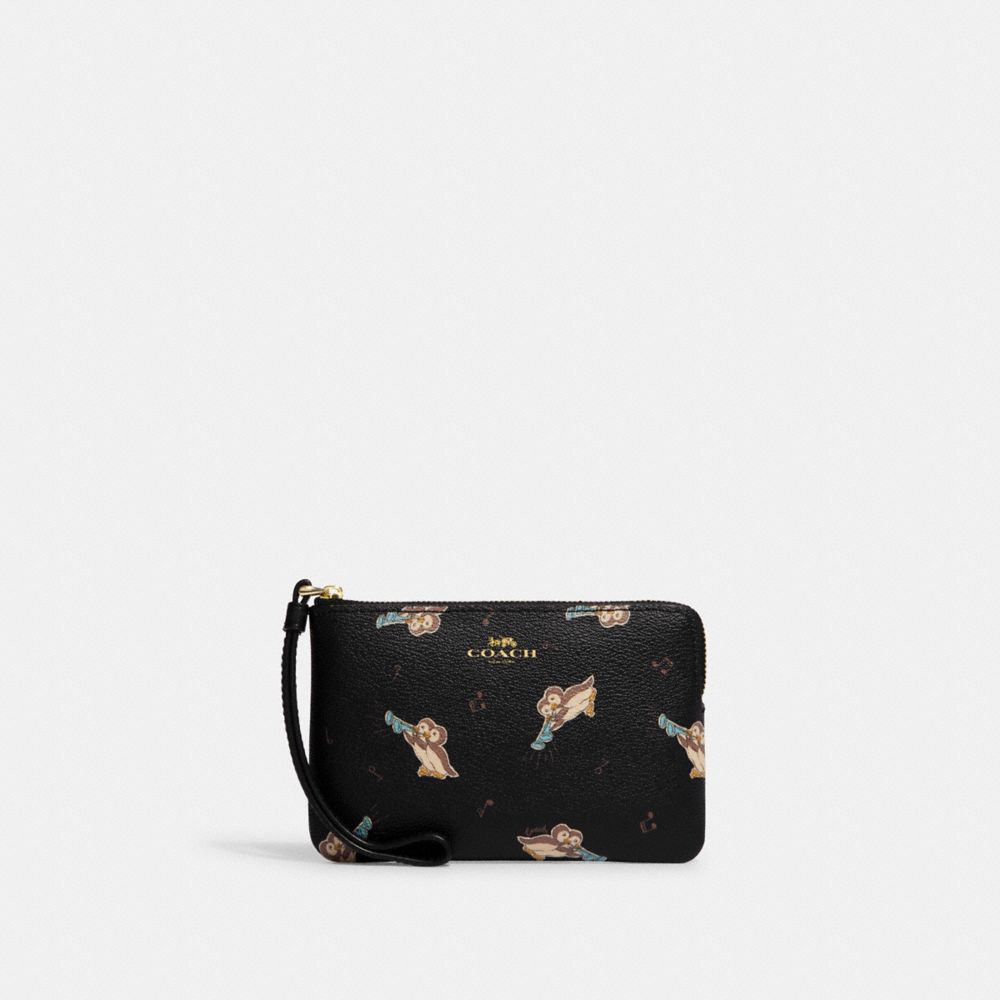 Corner Zip Wristlet With Penguin Print - CF610 - Gold/Black Multi